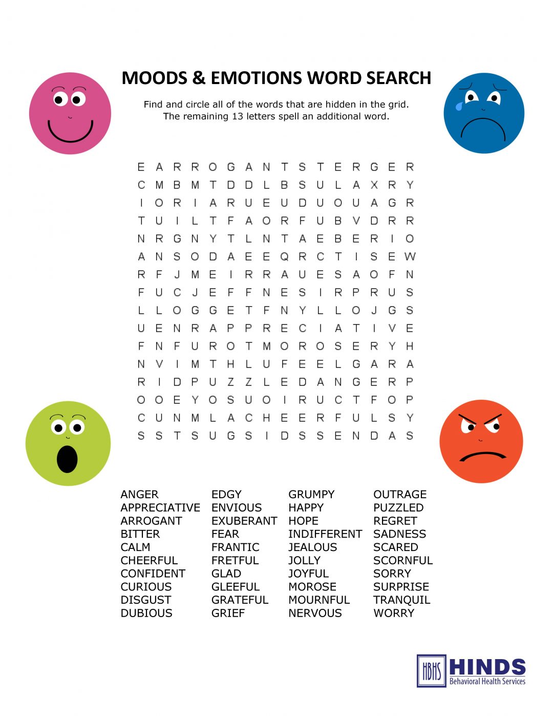 Moods Emotions Word Search Hinds Behavioral Health Services Region 9