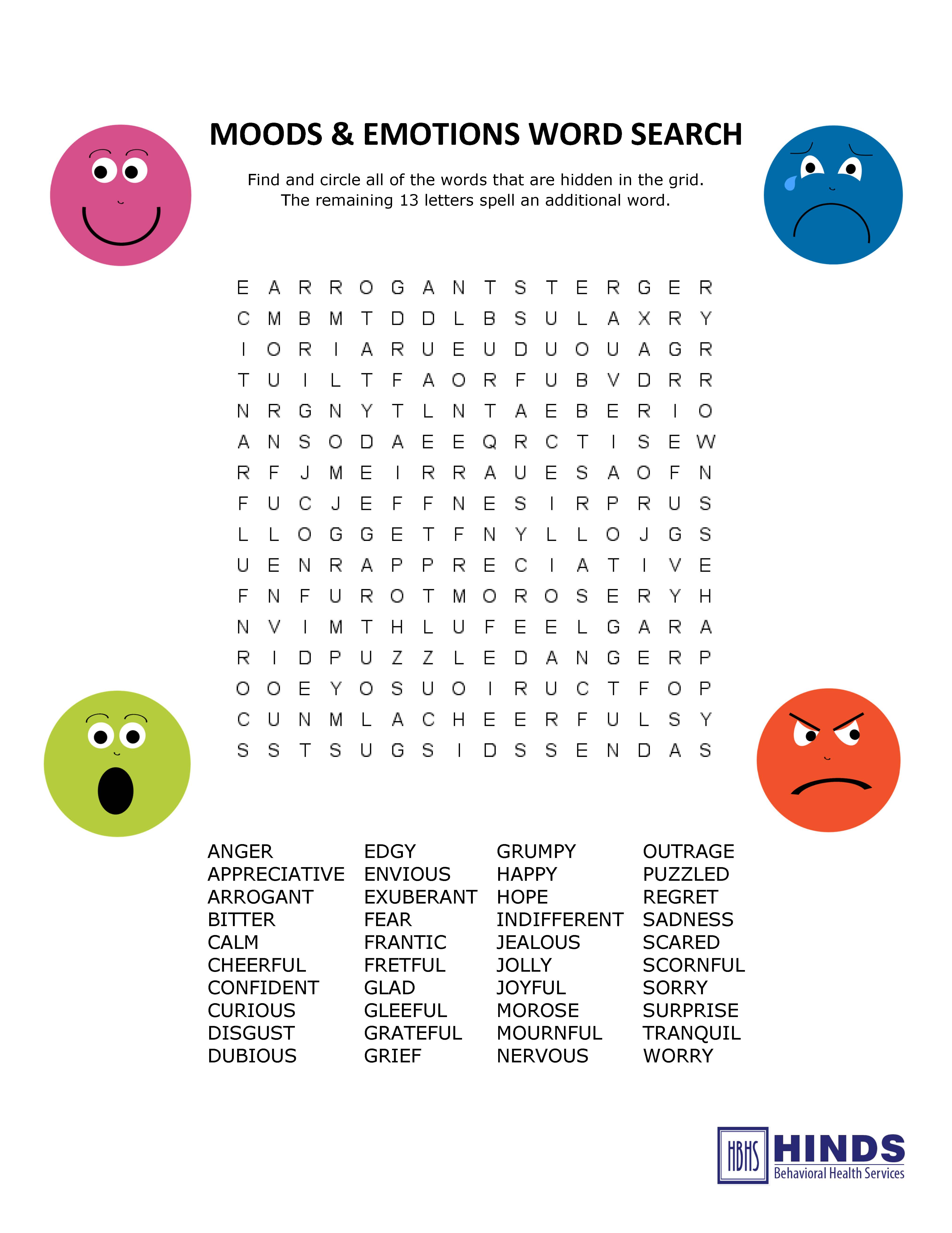 Moods And Emotions Word Search Hinds Behavioral Health Services Region 9